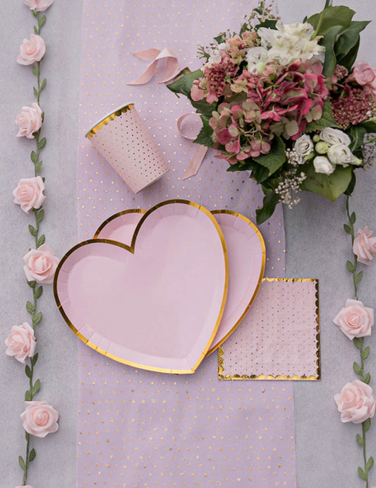 Assiettes en carton cœur rose et or