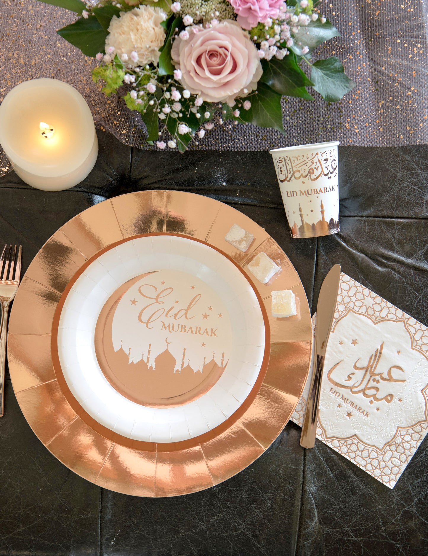 10 db Eid Mubarak rozéarany kartontányér 23 cm palota motívum