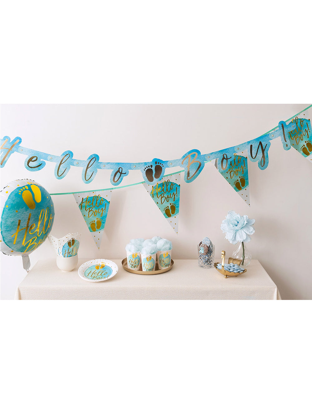 10 kék és arany Hello Boy kartontányér 23 cm babaváró buli