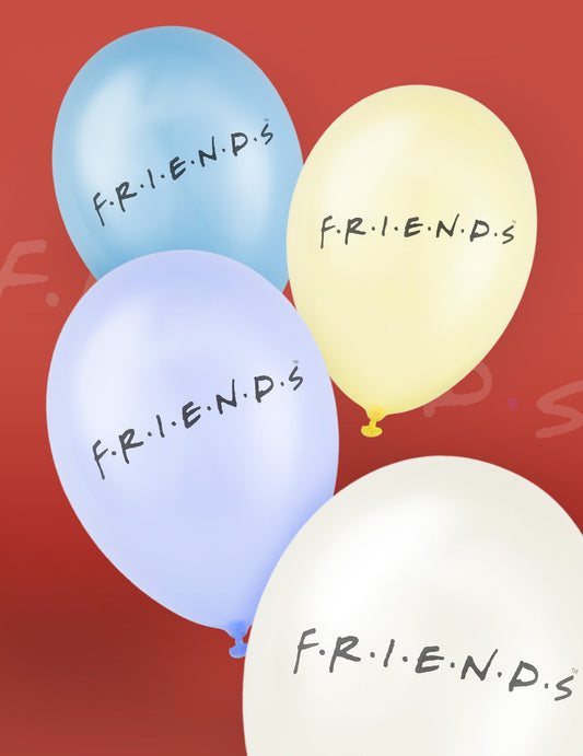 Gros plan sur le logo et les coloris des ballons latex Friends