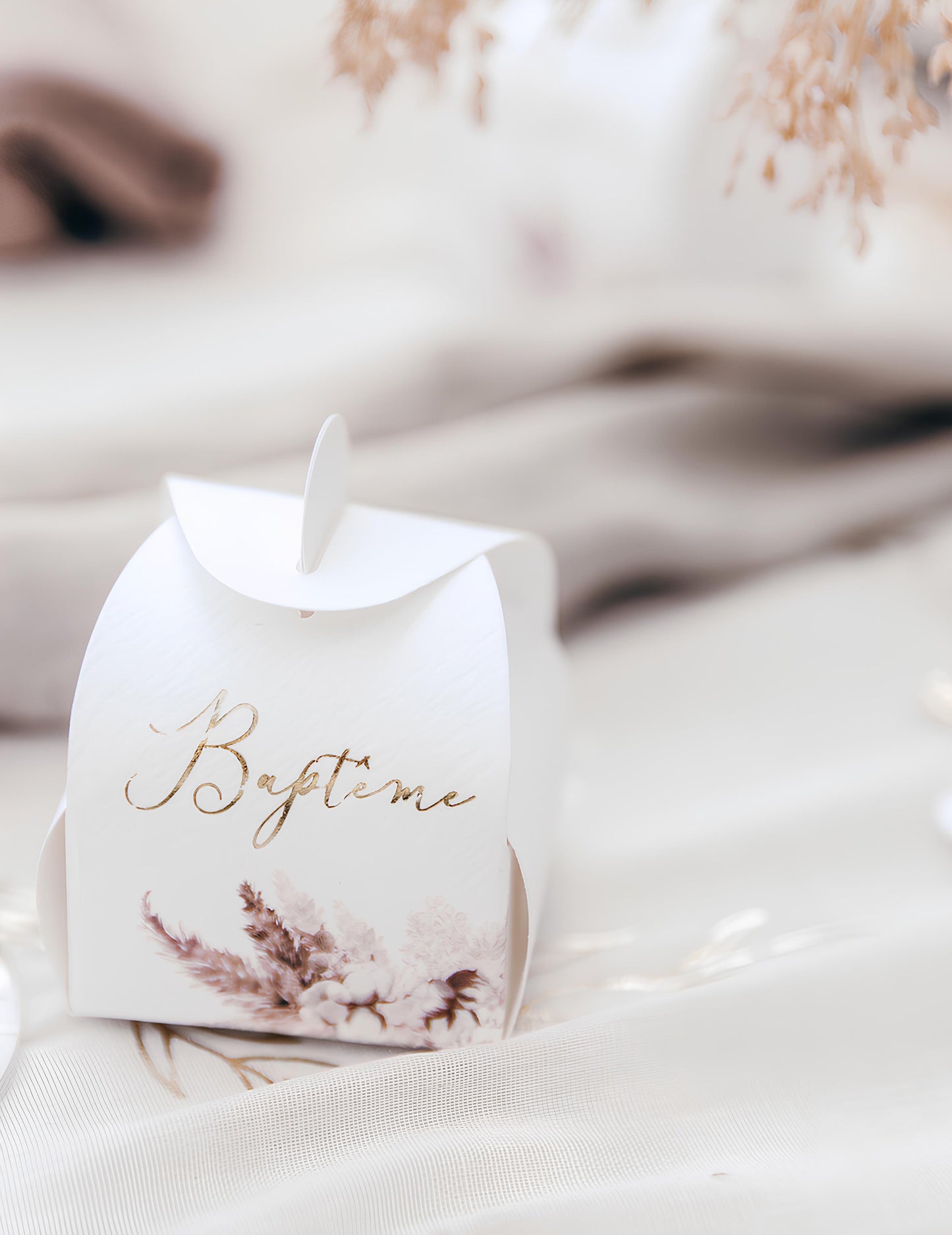 10 karton keresztelői doboz pampafűvel és gyapotvirágokkal (5x7 cm) cm