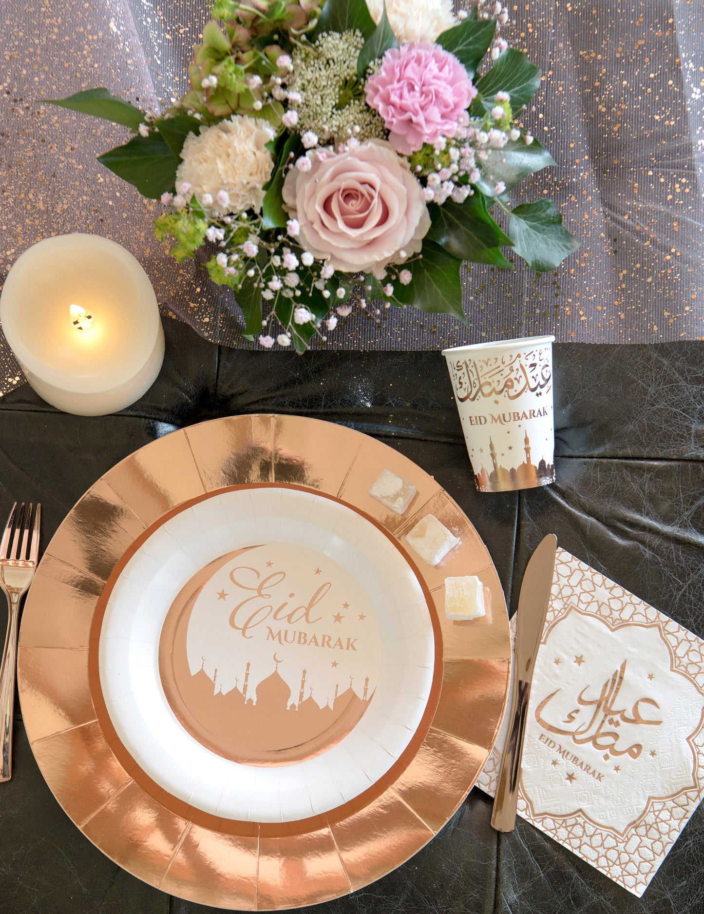 10 rozéarany Eid Mubarak kartonpohár, 27 cl, Eidre