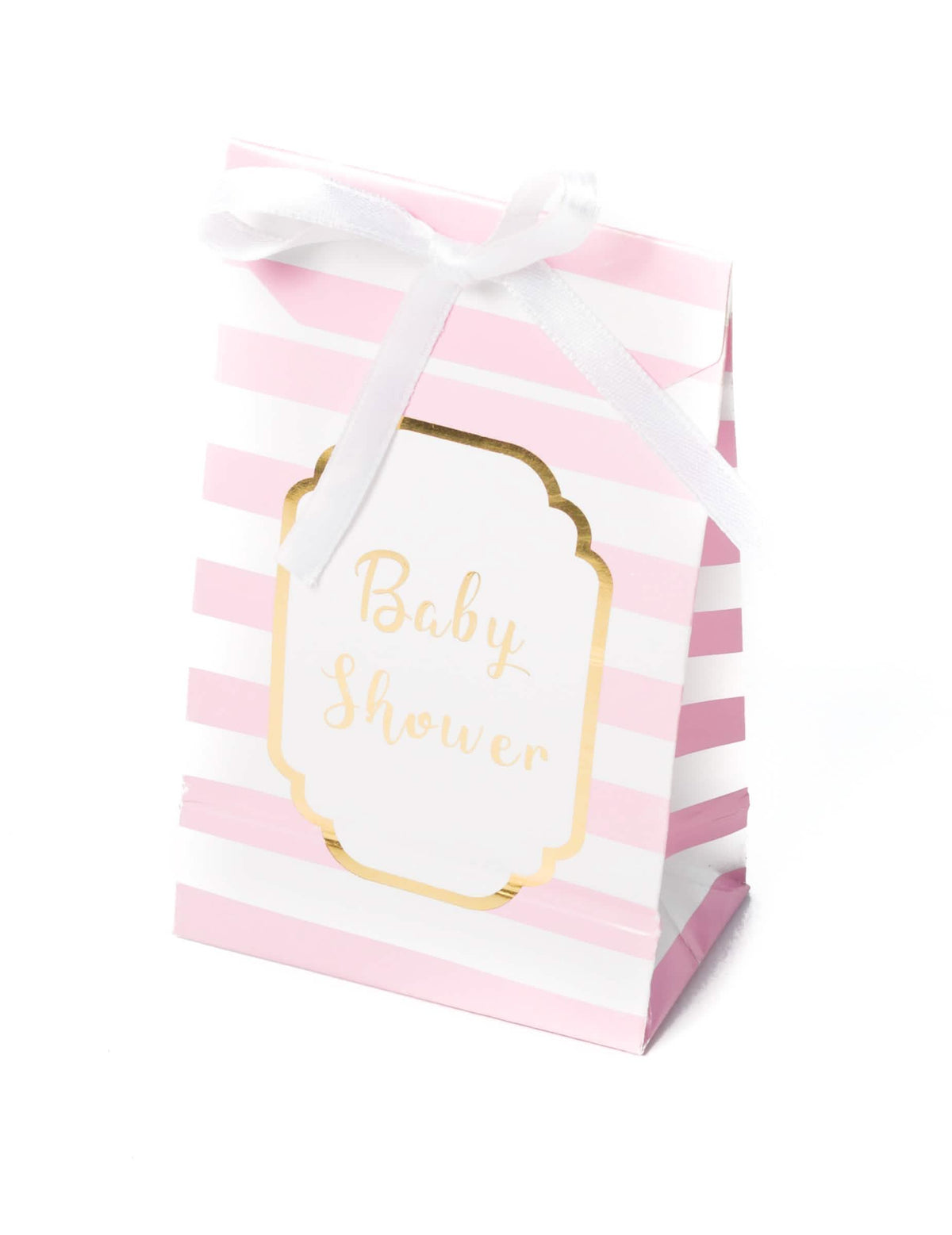 rózsaszín és arany csíkos baby shower ajándékzacskók fehér szalaggal