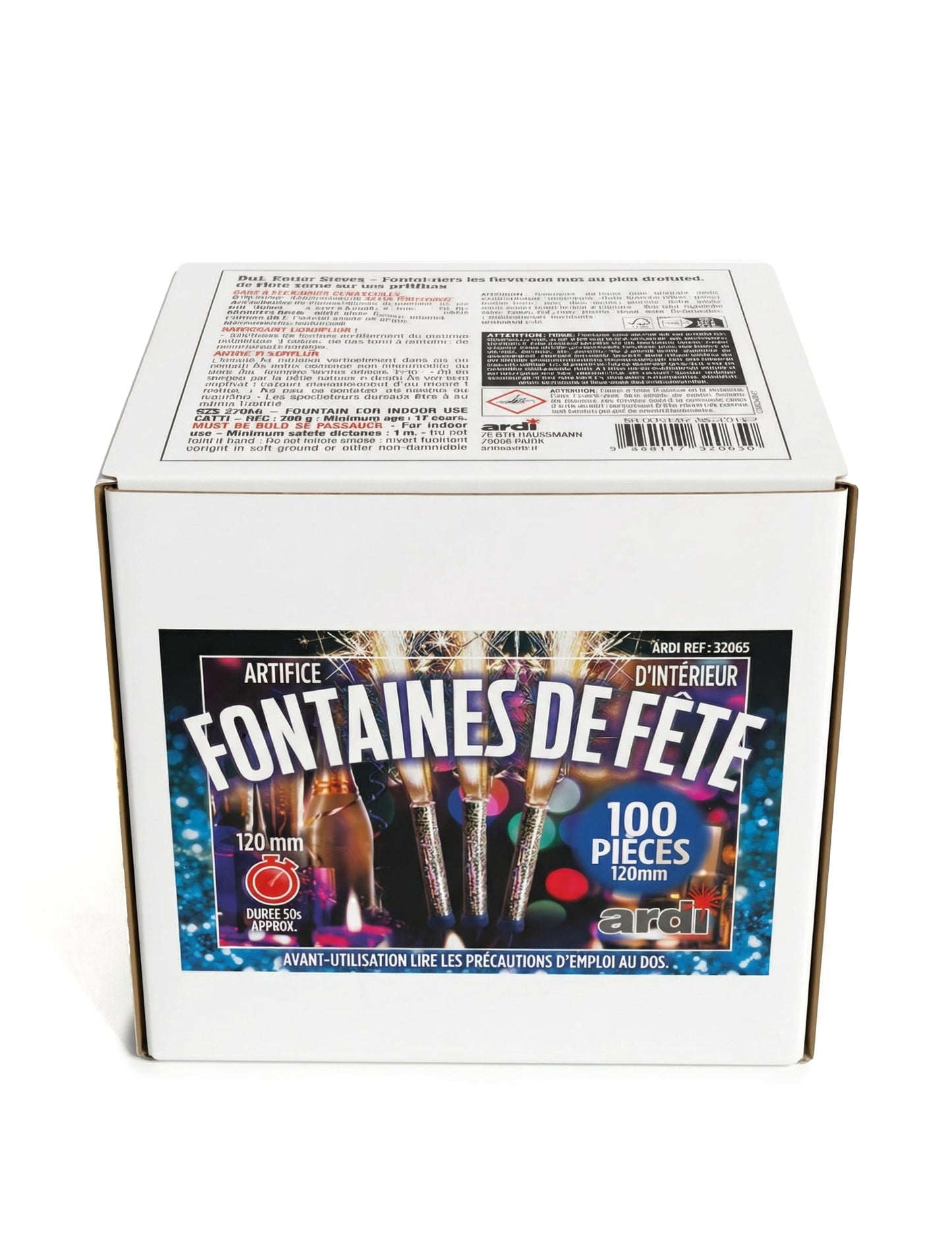 Vue de la boîte d'emballage du Fontaines scintillantes dorées pour fête