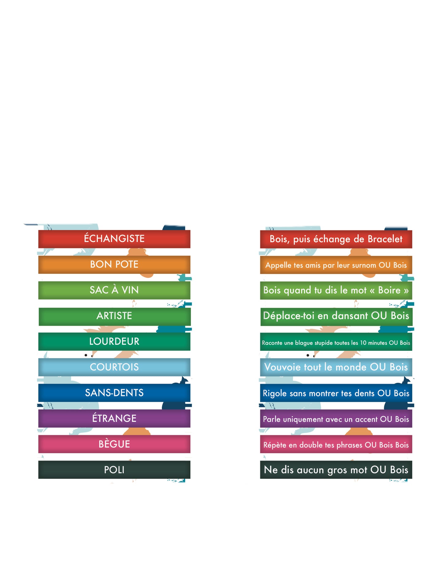 Détail des textes et défis des 10 bracelets défis humoristique pour adulte