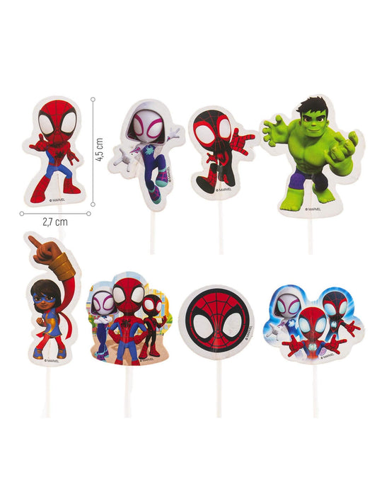 Détail des différents modèles et des dimensions des cake toppers en papier Spidey et ses amis