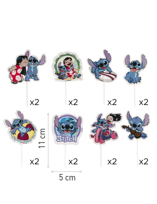 Détails des différents modèles et dimensions des 16 cake toppers en papier Stitch