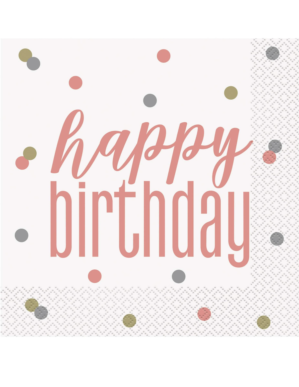 papírszalvéták Happy Birthday születésnapra, fehérek és rozéarany színűek