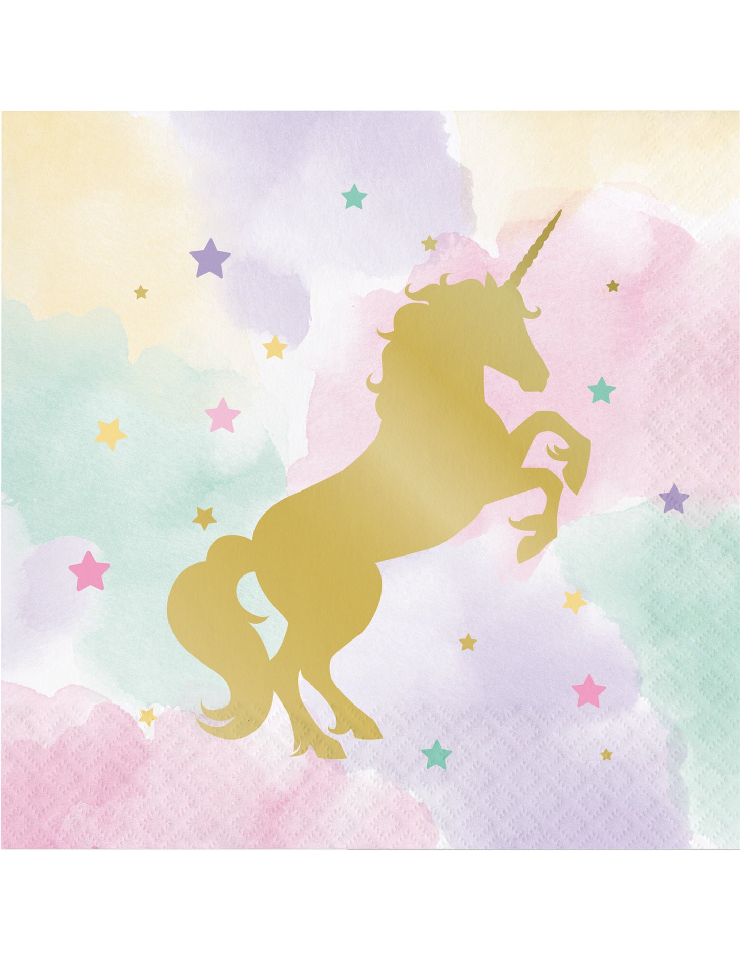 Serviettes en papier licorne avec silhouette dorée et fond aquarelle pastel