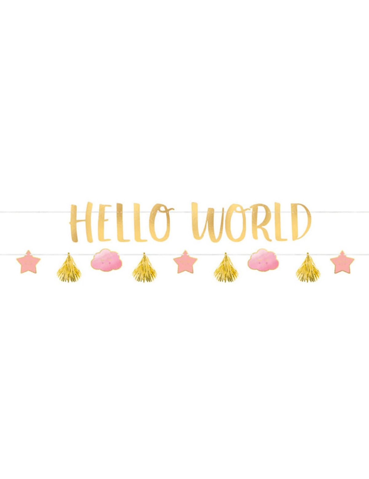Karton girlandák Hello World babaváró bulira, rózsaszín és arany
