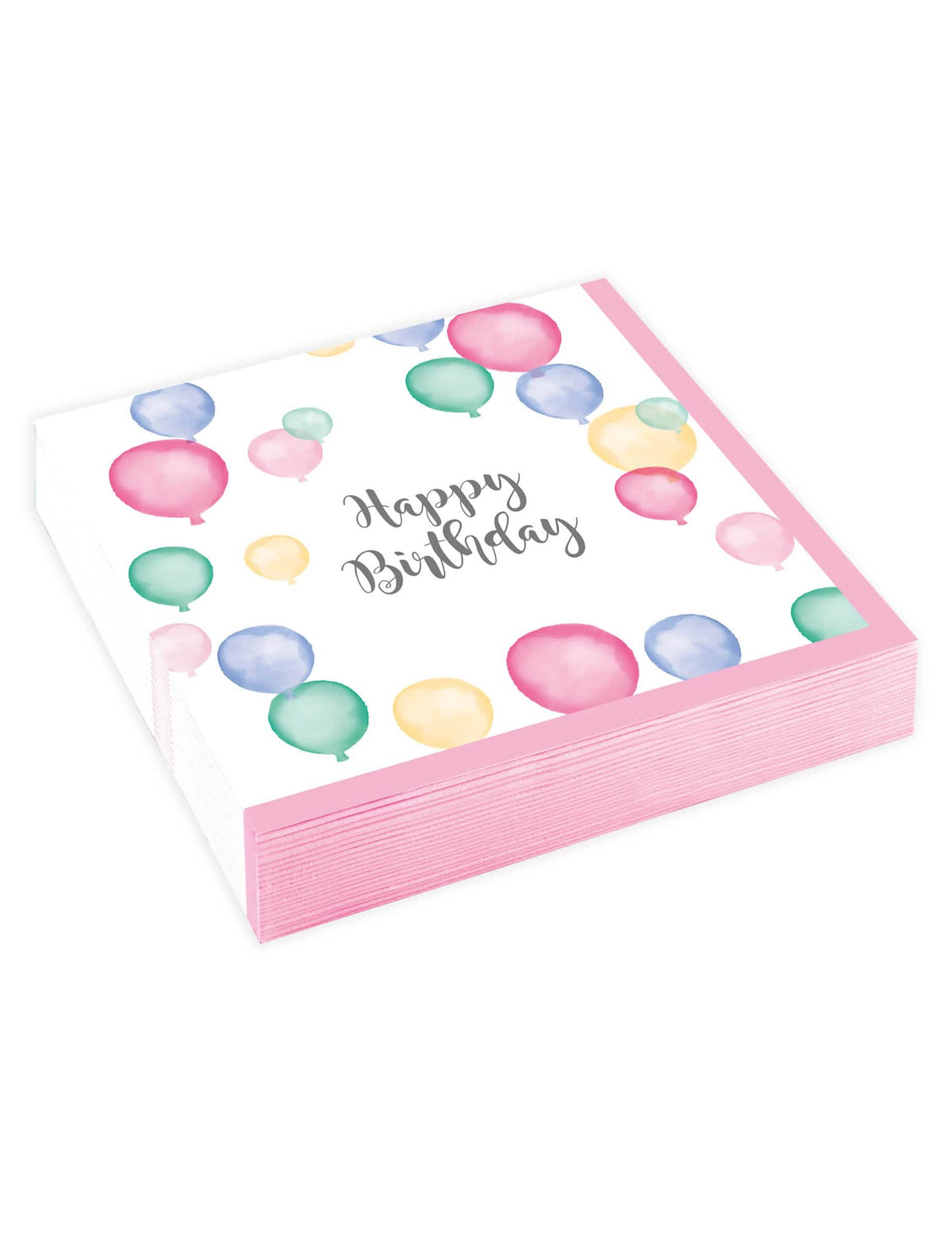 papírszalvéták Happy Birthday lufik pasztellszínekben, fehér és rózsaszín akvarellmintával