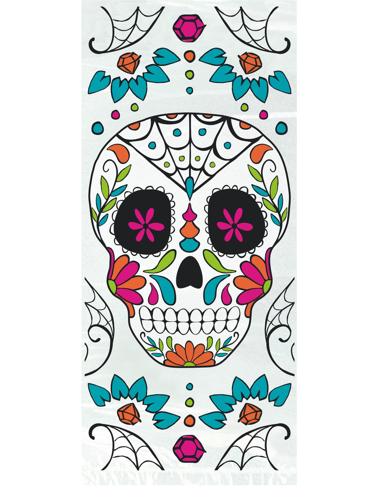 Műanyag cukorkák zacskói Dia de los muertos bulihoz, fehérek, színes mexikói koponyafej mintákkal