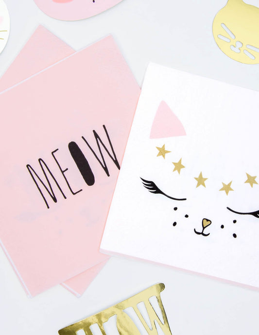 Serviettes en papier chaton blanc et rose avec détails dorés