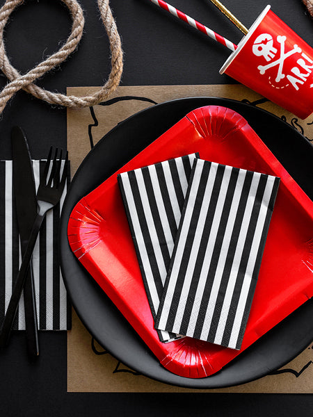 20 fekete-fehér csíkos papírszalvéta, 33 x 33 cm buliba