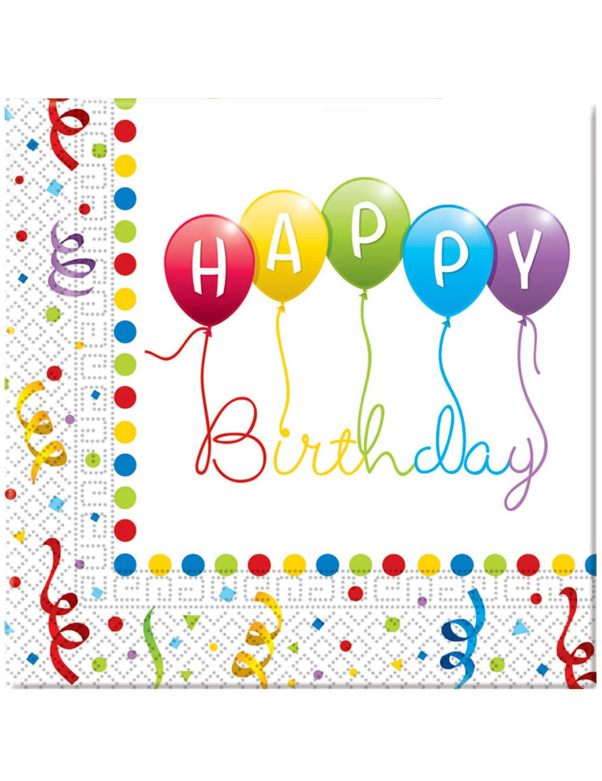 papírszalvéták Happy Birthday ünnepi dekorációhoz, sokszínű, lufikkal és serpentinekkel