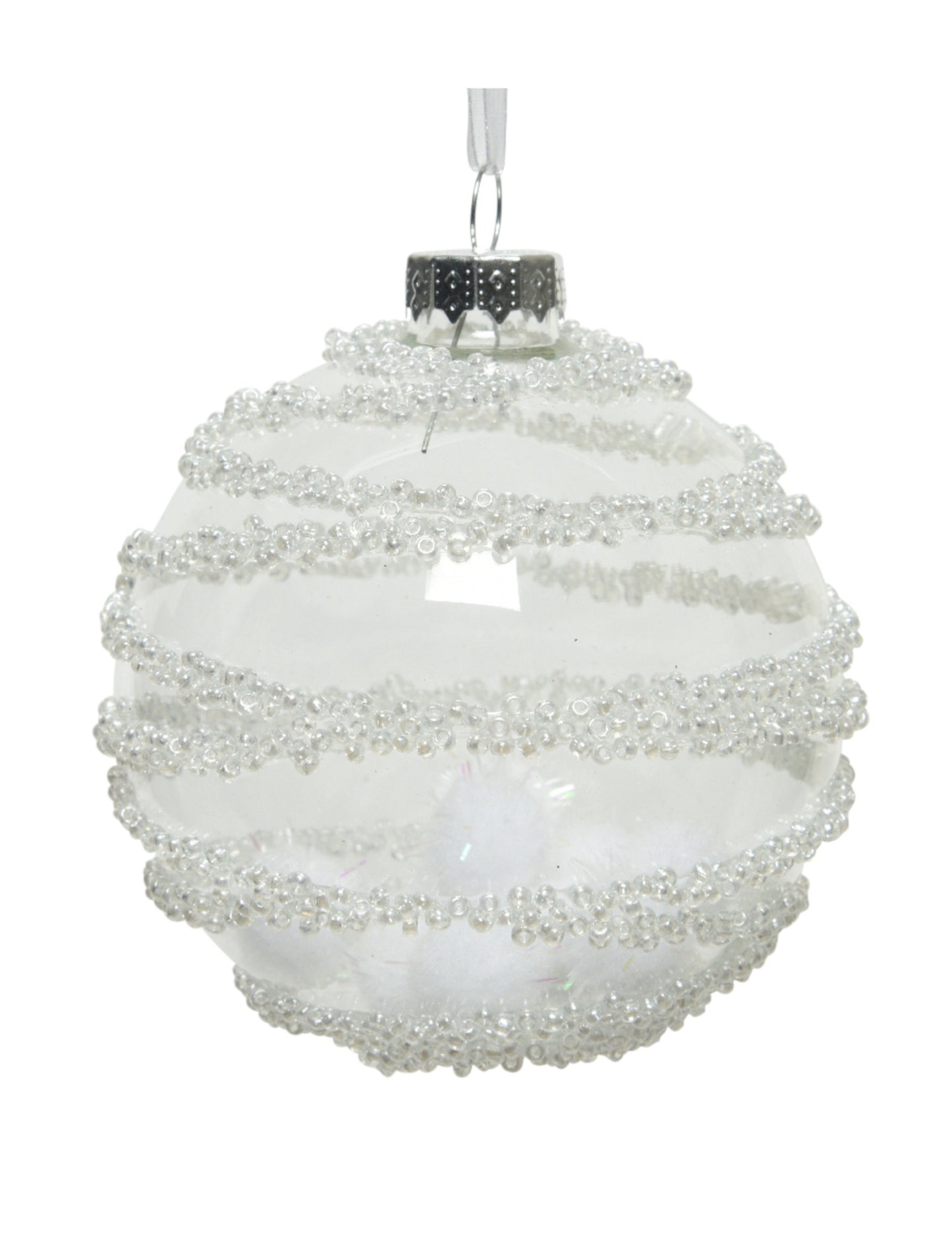 3 db átlátszó üveggolyó pomponnal 8 cm, havas környezetben