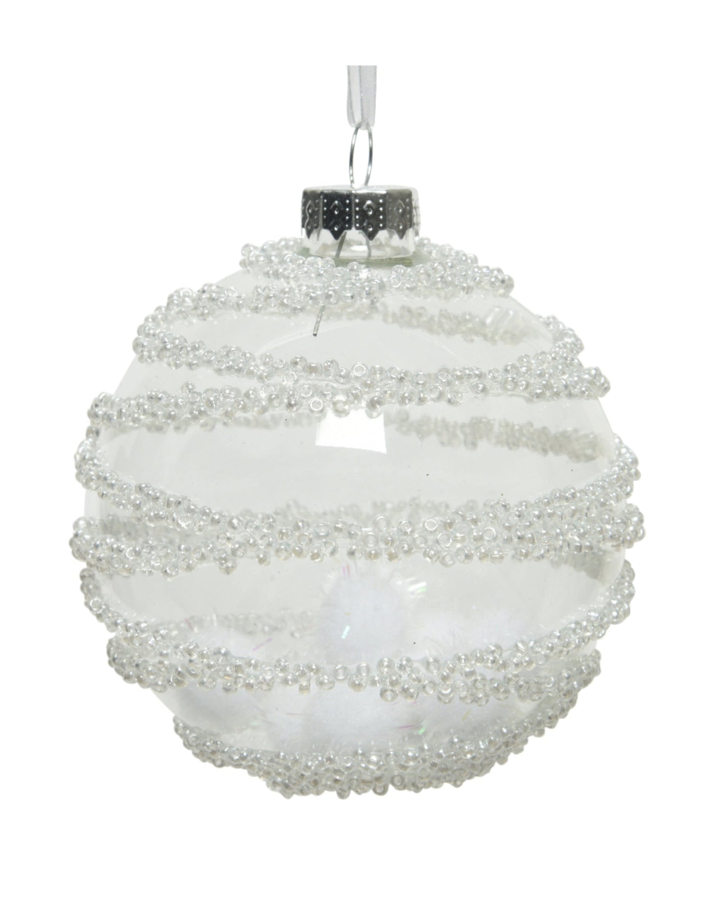 Boule en verre décor neige pour décoration de Noël transparente avec pompons blancs