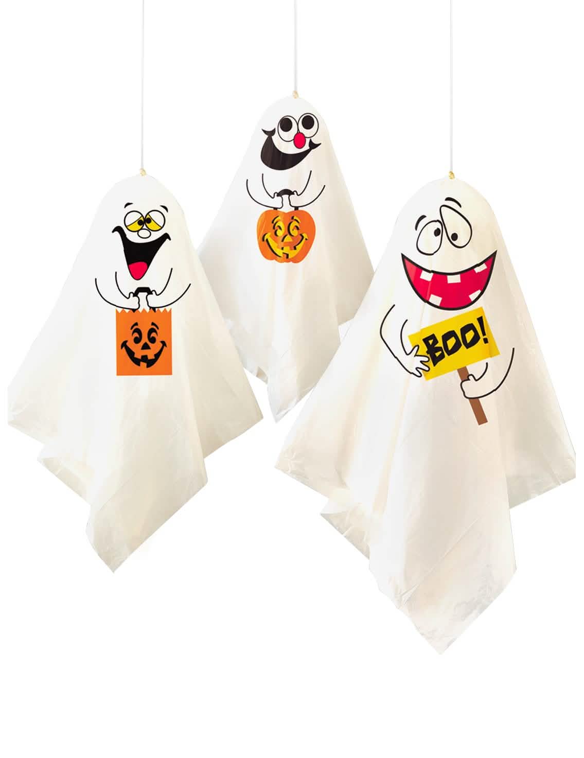 3 felfüggeszthető fehér halloween szellemek tökkel és humoros mintákkal
