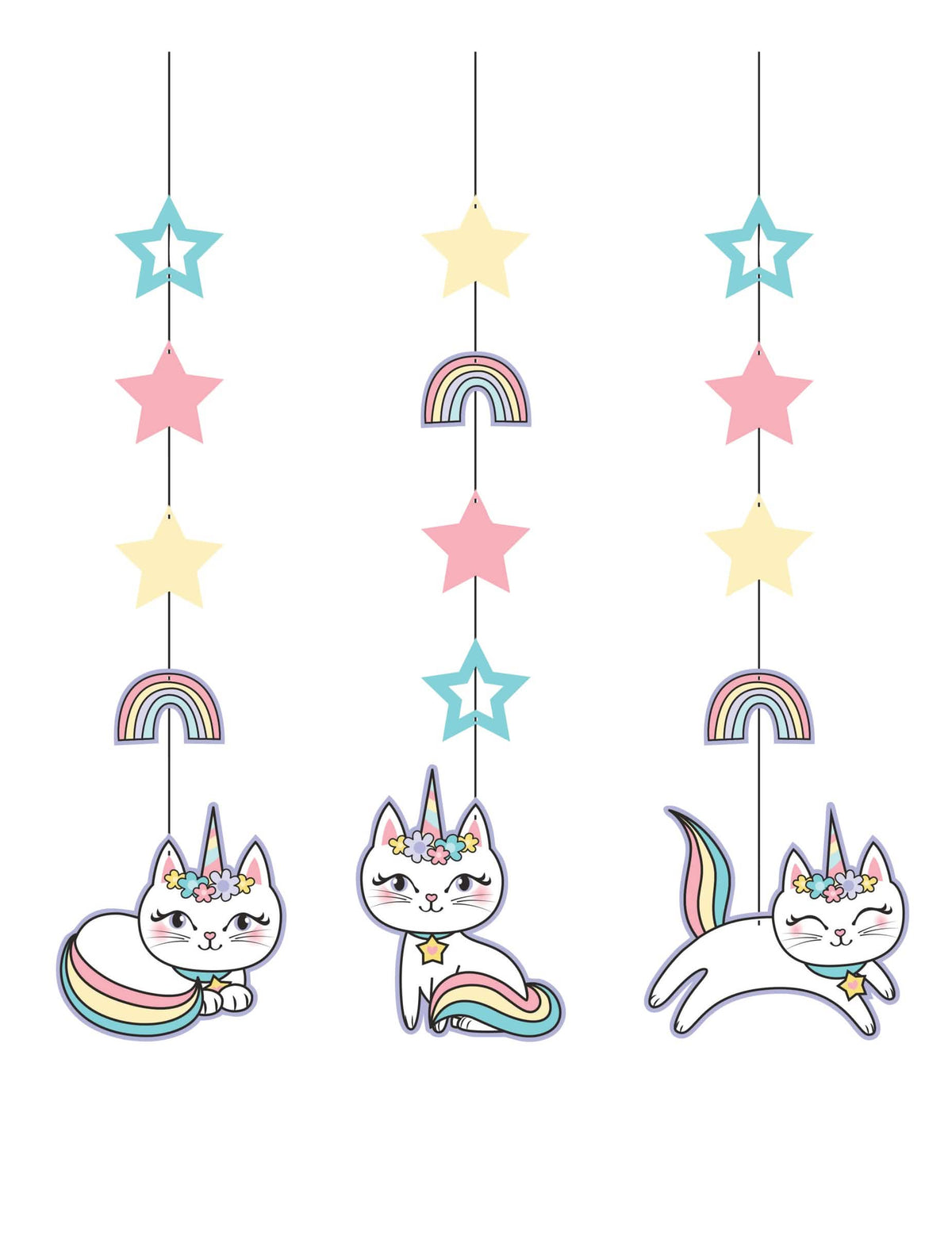 Pastell születésnapra való karton caticorn függődíszek csillagokkal és szivárványokkal