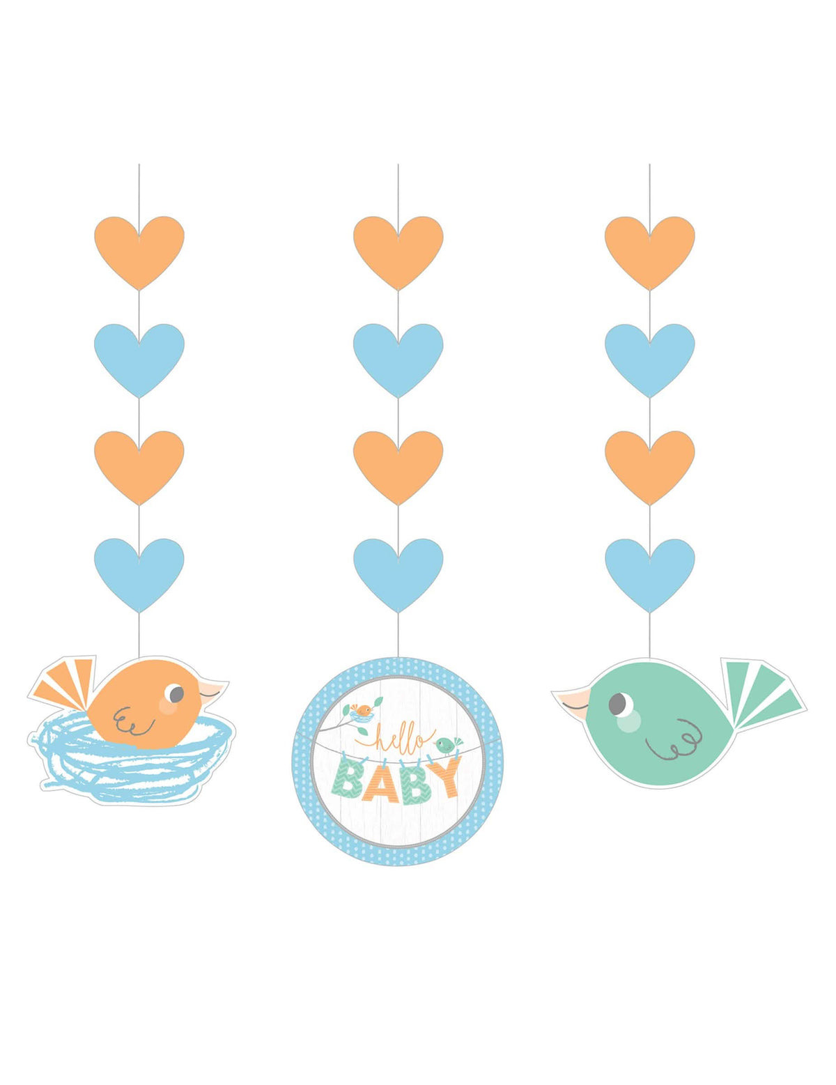 3 papírfüggő Hello Baby baba showerhez, kék és narancssárga, madarakkal és szívekkel