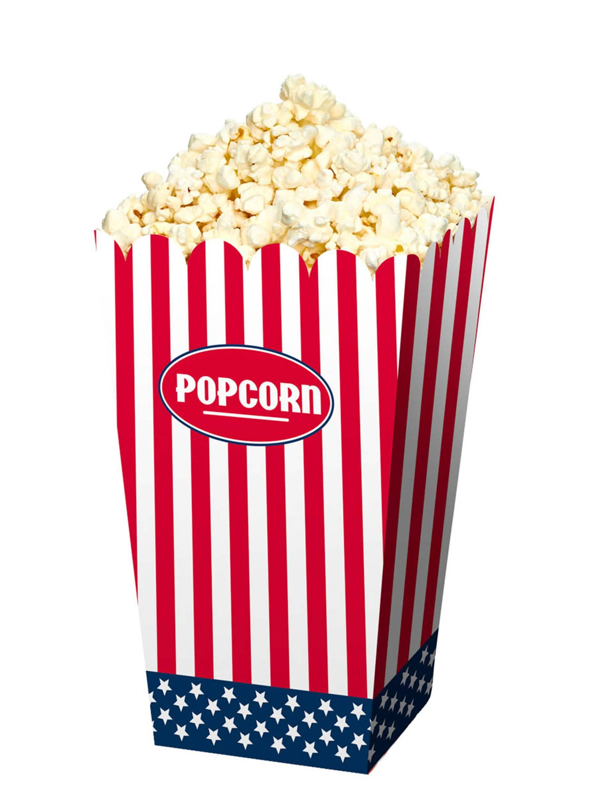 USA popcornos dobozok piros fehér és kék csíkos csillagos bulira