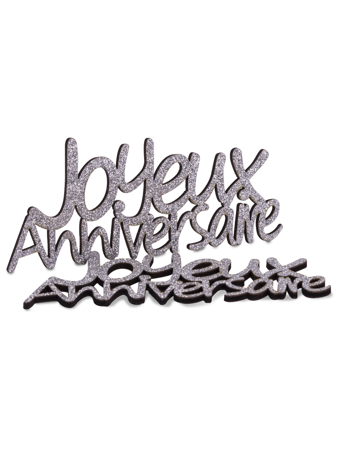 Décorations en bois Joyeux Anniversaire pour table chic argentées pailletées