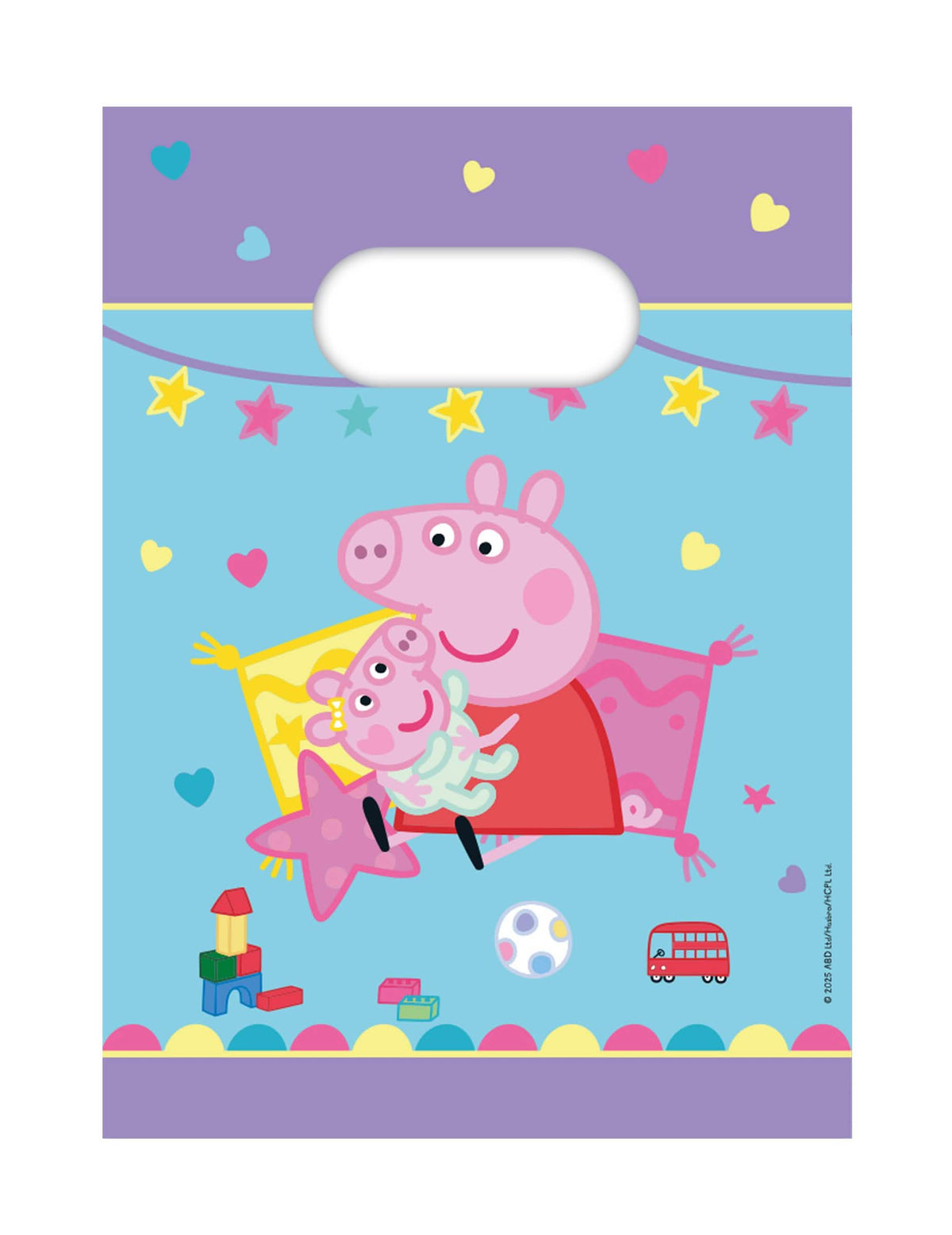 Peppa malac papír ajándéktáskák gyermekeknek, kék és lila színben, szívekkel és csillagokkal mintázva