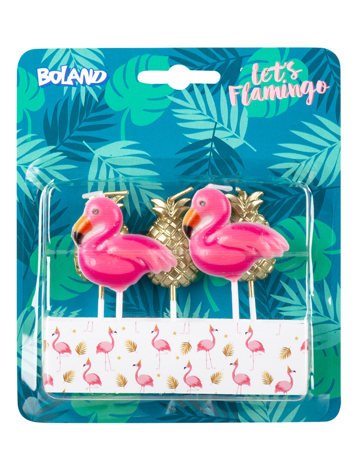 5 gyertya rózsaszín flamingó és arany ananász csíptetőkön 8 cm tortához