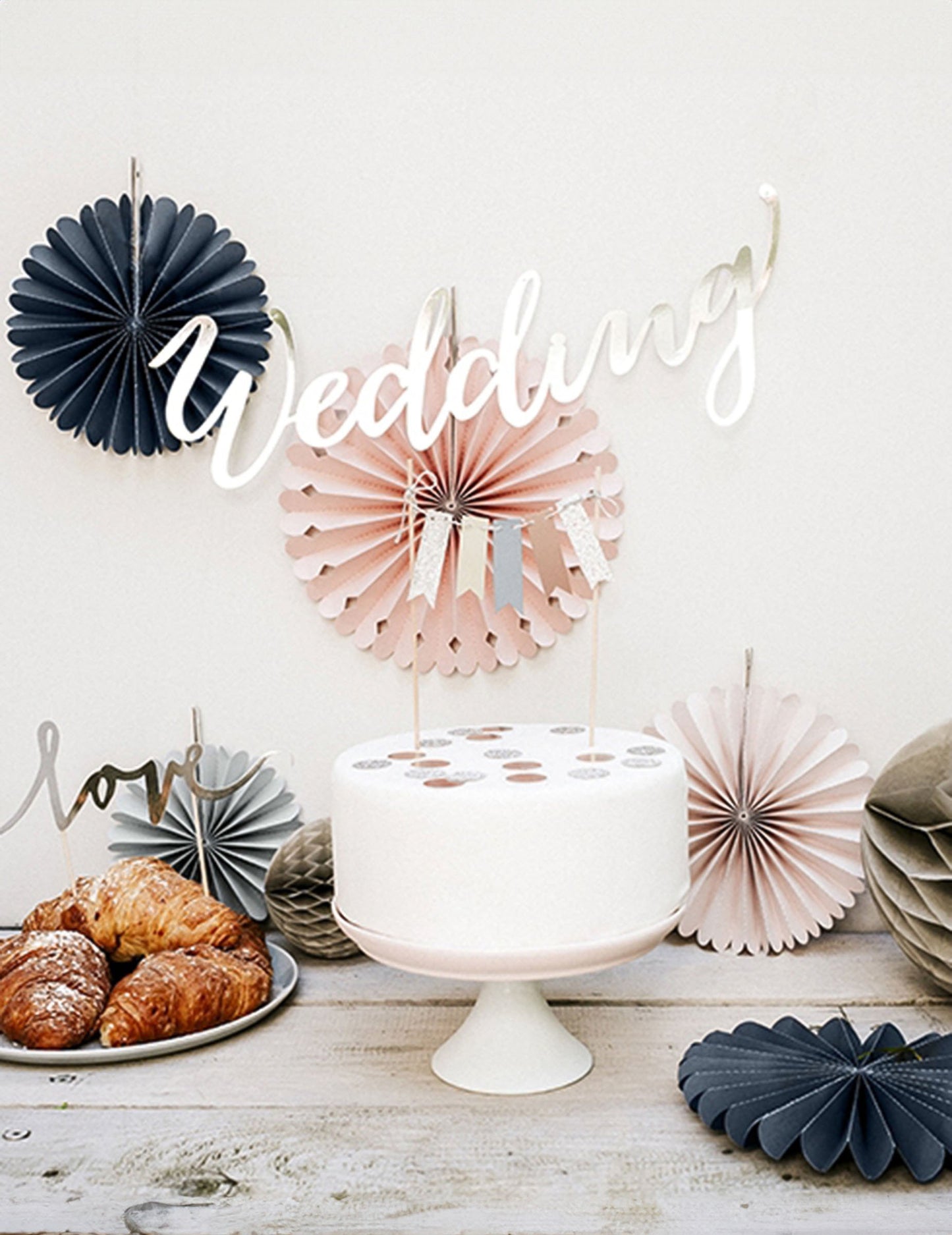 5 szürke és rózsaszín papír rozett vintage party dekorációhoz