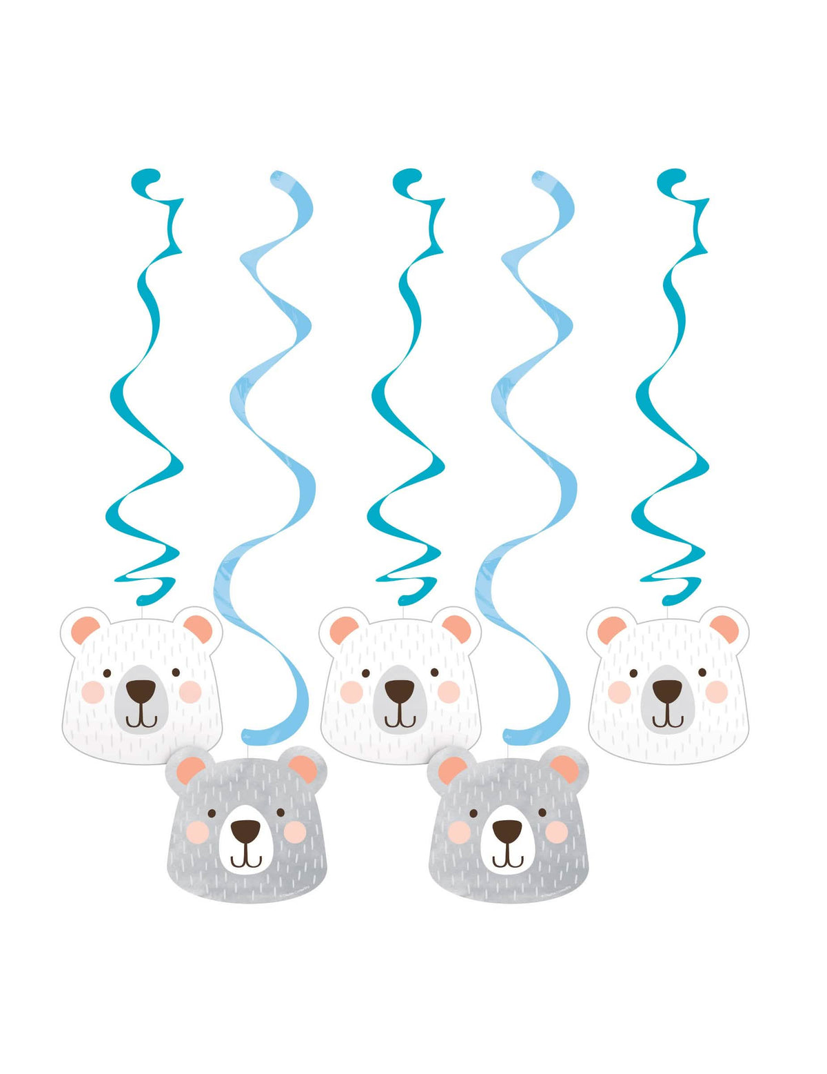 Karton függők kis medvék spirálokkal baby showerhez kék és fehér