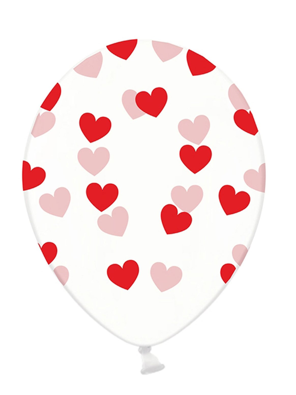 6 átlátszó latex lufi piros szívekkel, 30 cm, biológiailag lebomló