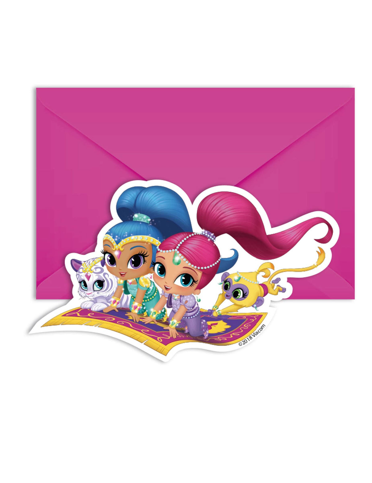 Shimmer and Shine gyerek rózsaszín meghívókártyák és borítékok szereplőkkel repülő szőnyegen