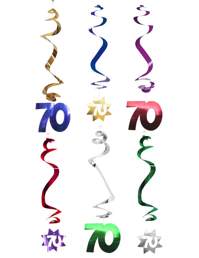 70 éves szülinapi, fémes, színes spirális függő dekorációk