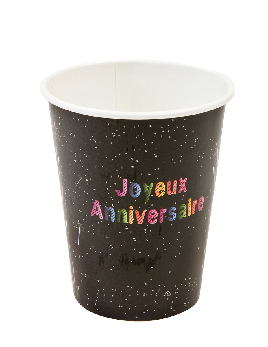 Gobelets en carton Anniversaire feux d'artifice pour fête noir et multicolore