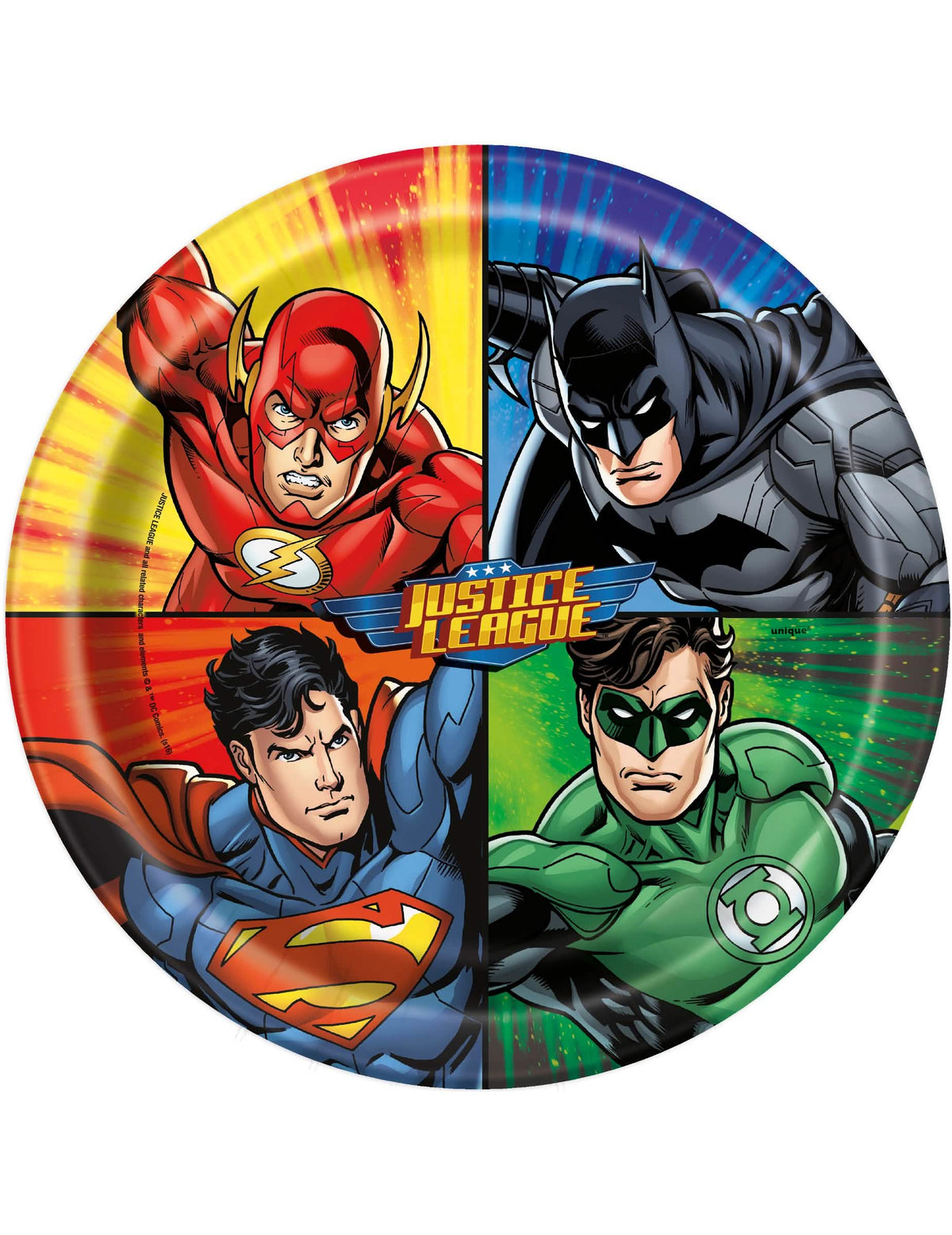 Justice League karton tányérok gyermekeknek, többszínűek Batmannel, Supermannel, Flash-sel és Green Lantern-nel