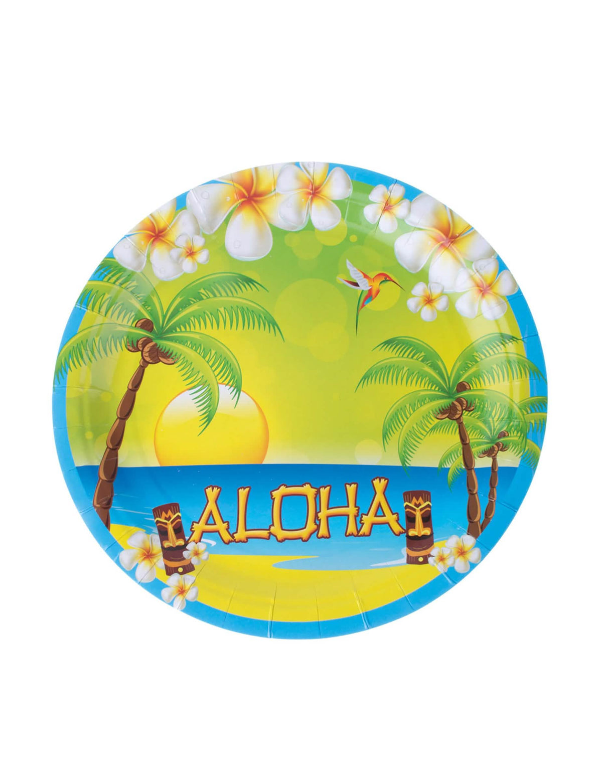 Színes Aloha kartontányérok pálmafákkal és trópusi virágokkal