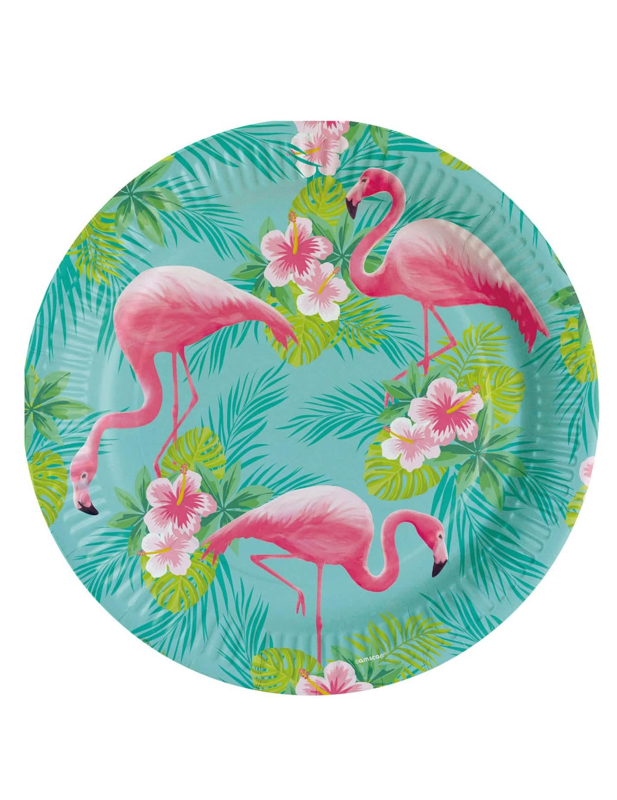 Flamingo Paradise karton tányérok trópusi türkiz díszítéssel, rózsaszín flamingókkal és hibiszkusszal