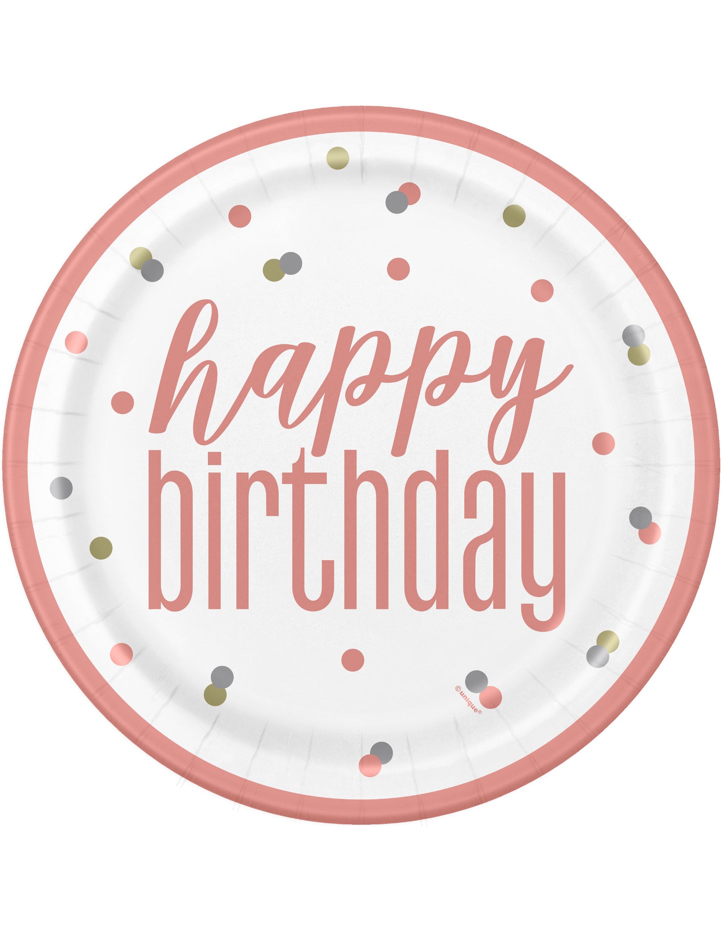 8 db fehér és rózsaszín pöttyös "Boldog születésnapot" kartontányér, 23 db cm