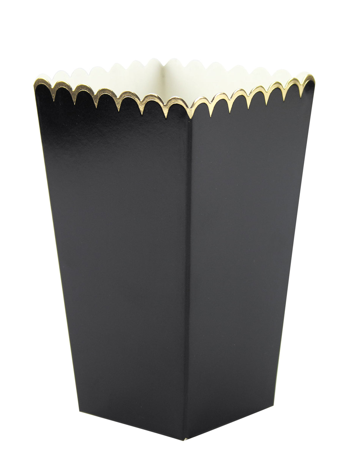 Vue de trois-quarts des boîtes à pop-corn festonnées pour fête noires et or