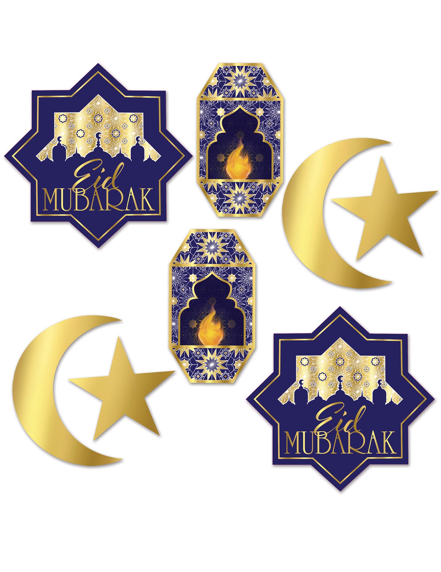 8 kék és arany Eid Mubarak kartondísz, holdak és lámpások
