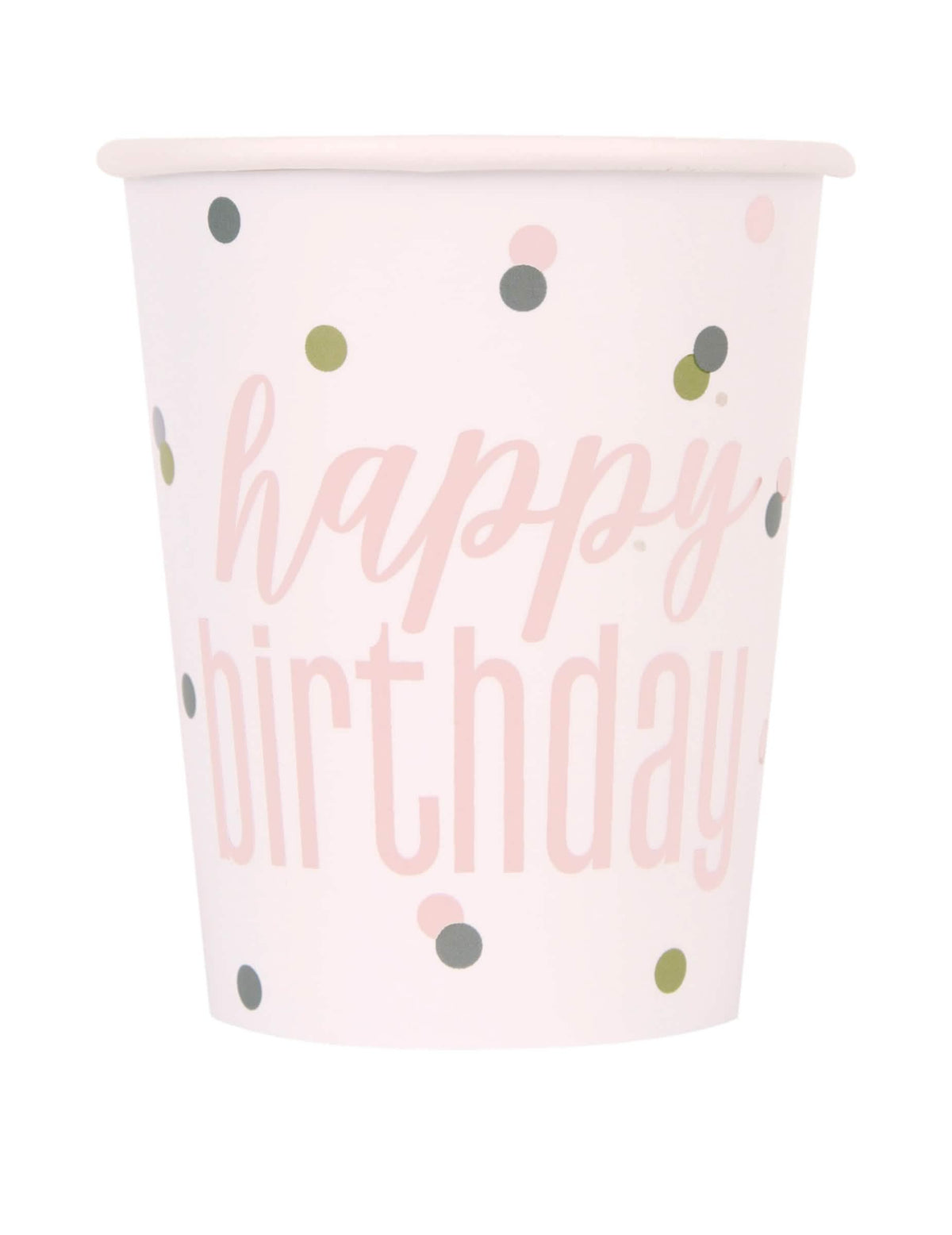 Kartonpoharak Happy Birthday fehér és rózsaszín pöttyös születésnapra