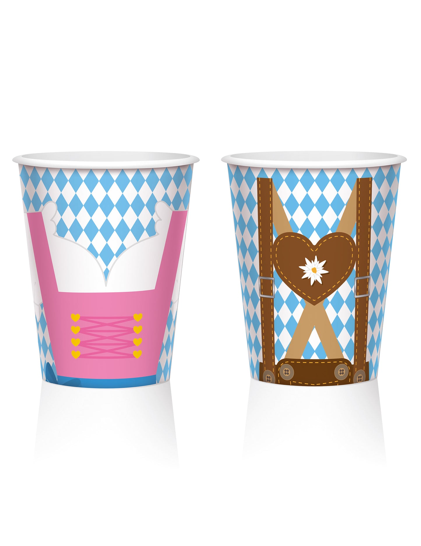 Gobelets en carton fête de la bière bleu et blanc avec motifs Dirndl et Lederhosen