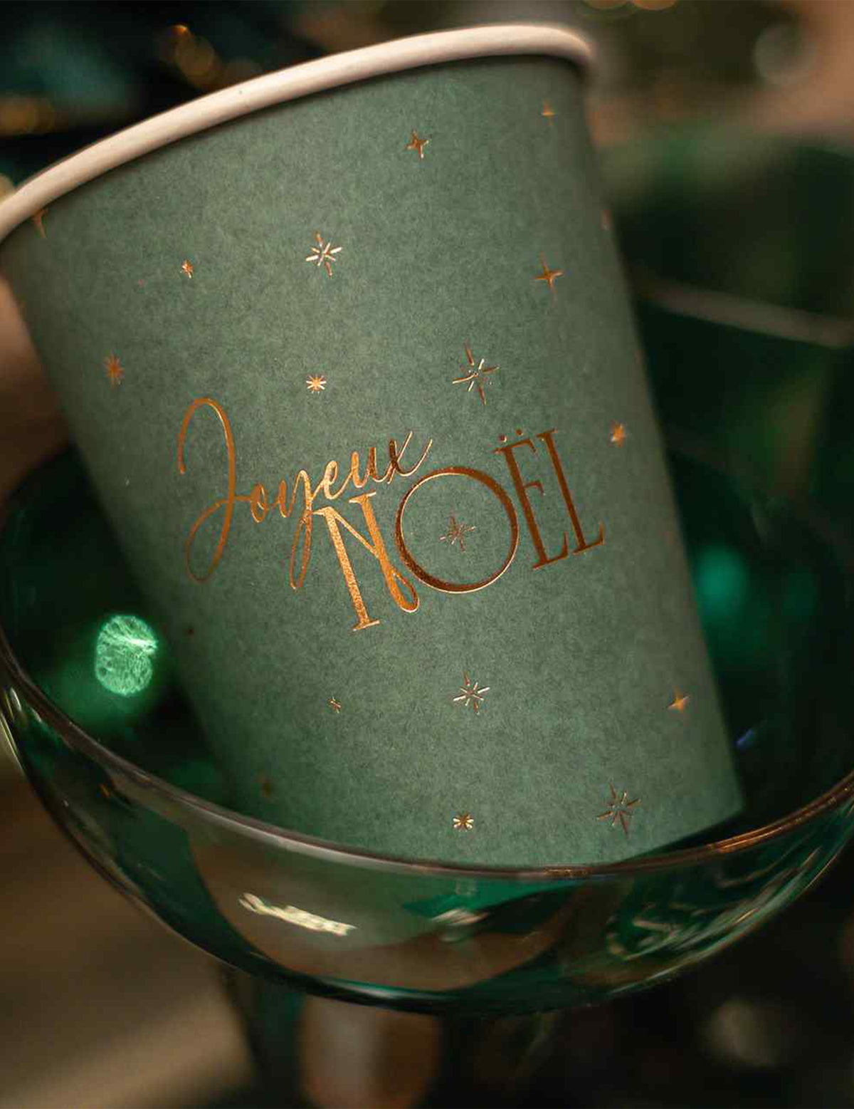 8 gobelets Joyeux Noël L'Intemporel vert anglais et or 25,5 cl