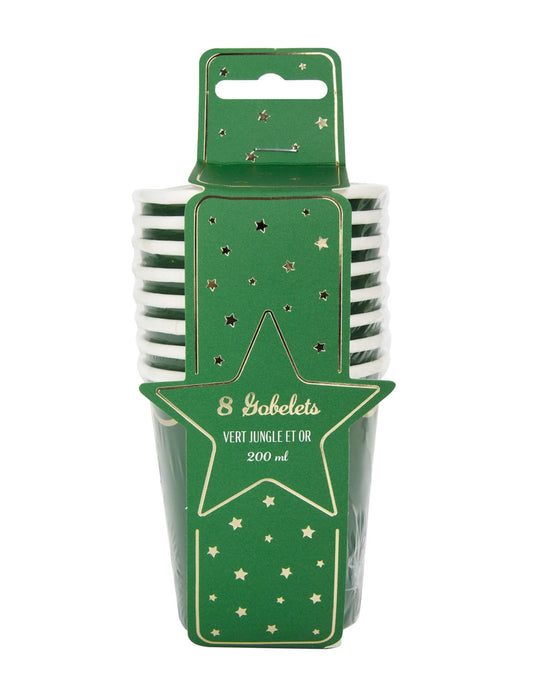 Vue du packaging des gobelets en carton de Noël pour fête vert et or festonnés