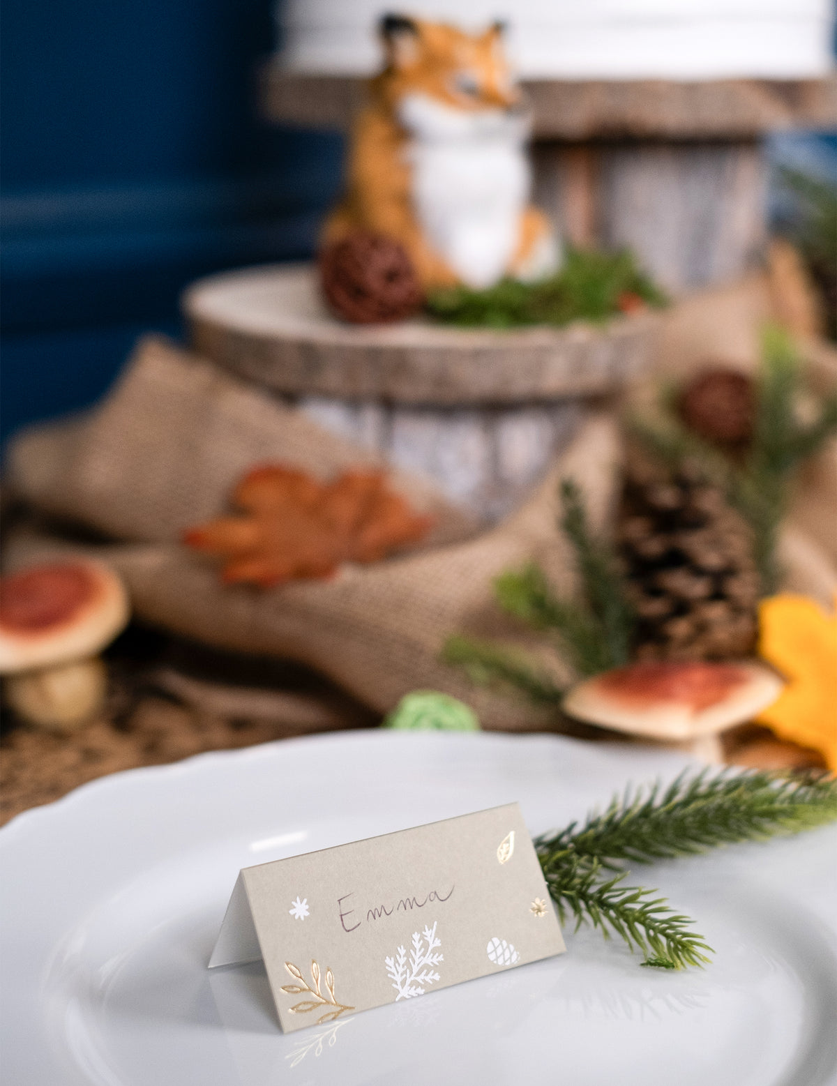 Gros plan sur le prénom écrit du marque-places Noël botanique pour table