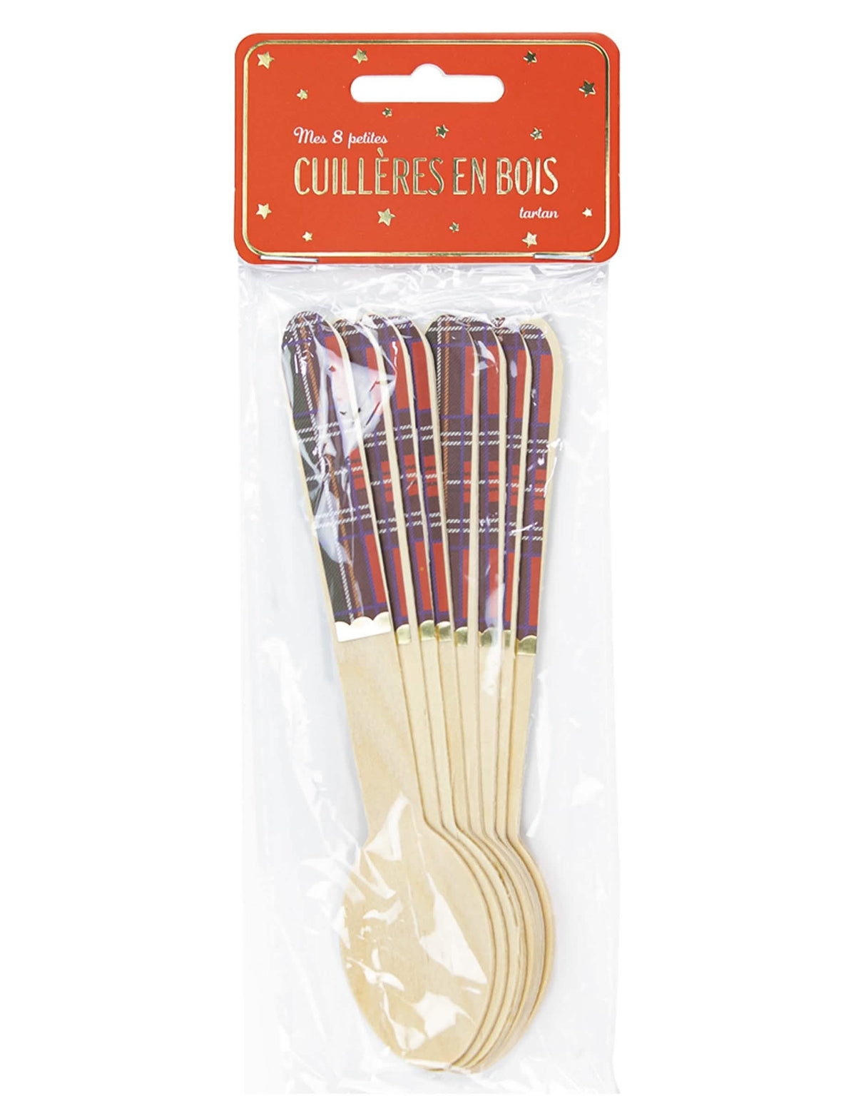 Emballage des petites cuillères en bois tartan de Noël