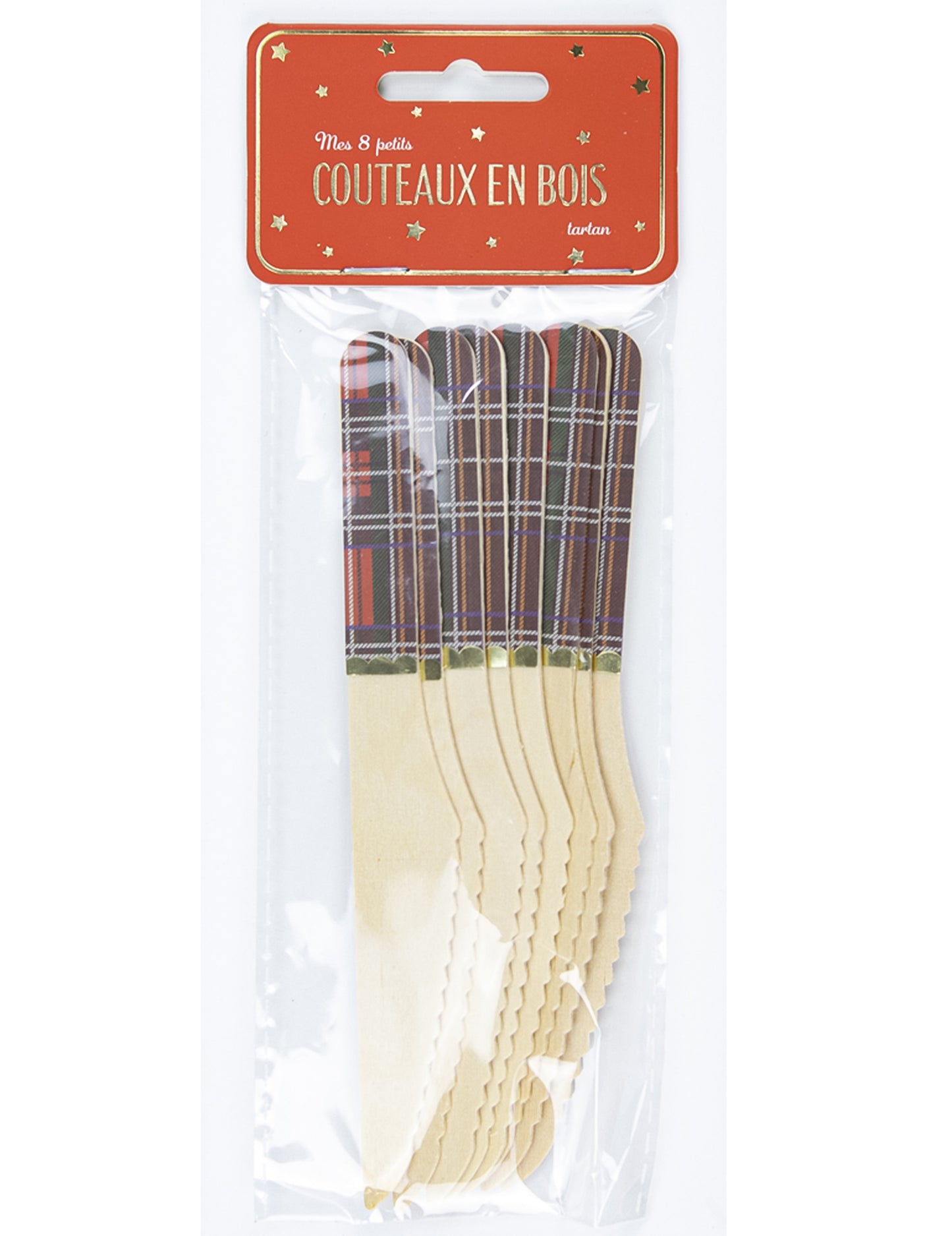 8 karácsonyi tartan mintás fa kés 16 cm arany fonattal