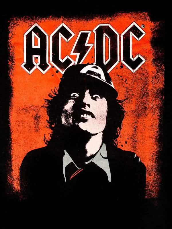 AC/DC Silly Face Angus pólók nyomatának részletei