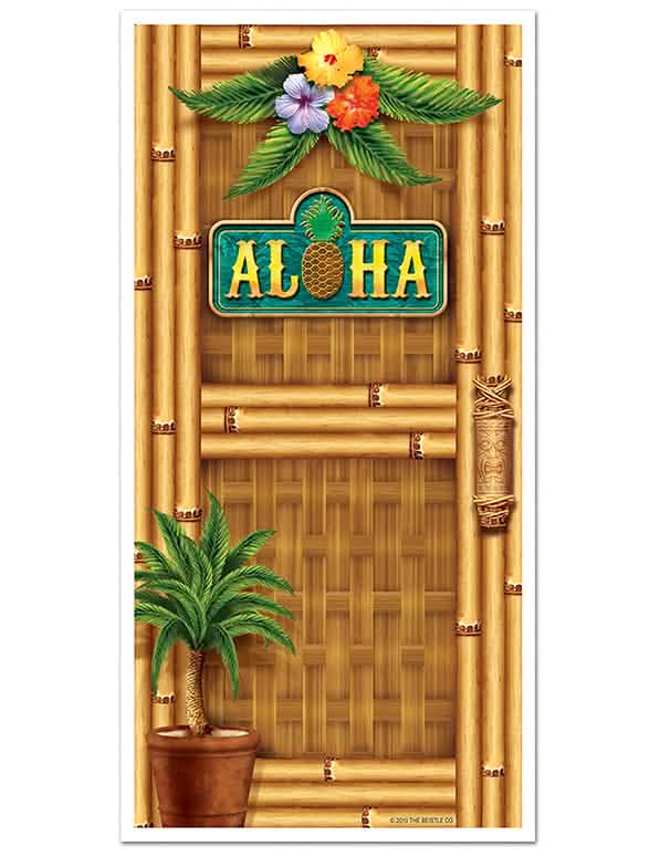 Hawaii ajtódísz bulihoz, bambusz mintával, egzotikus virágokkal és Aloha felirattal