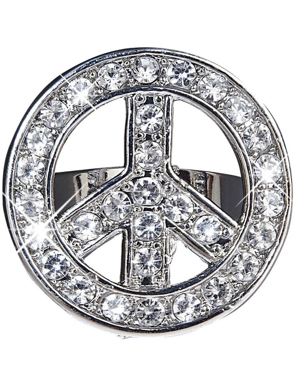 Ezüst színű, felnőtt hippi gyűrű strasszkövekkel, peace and love formában